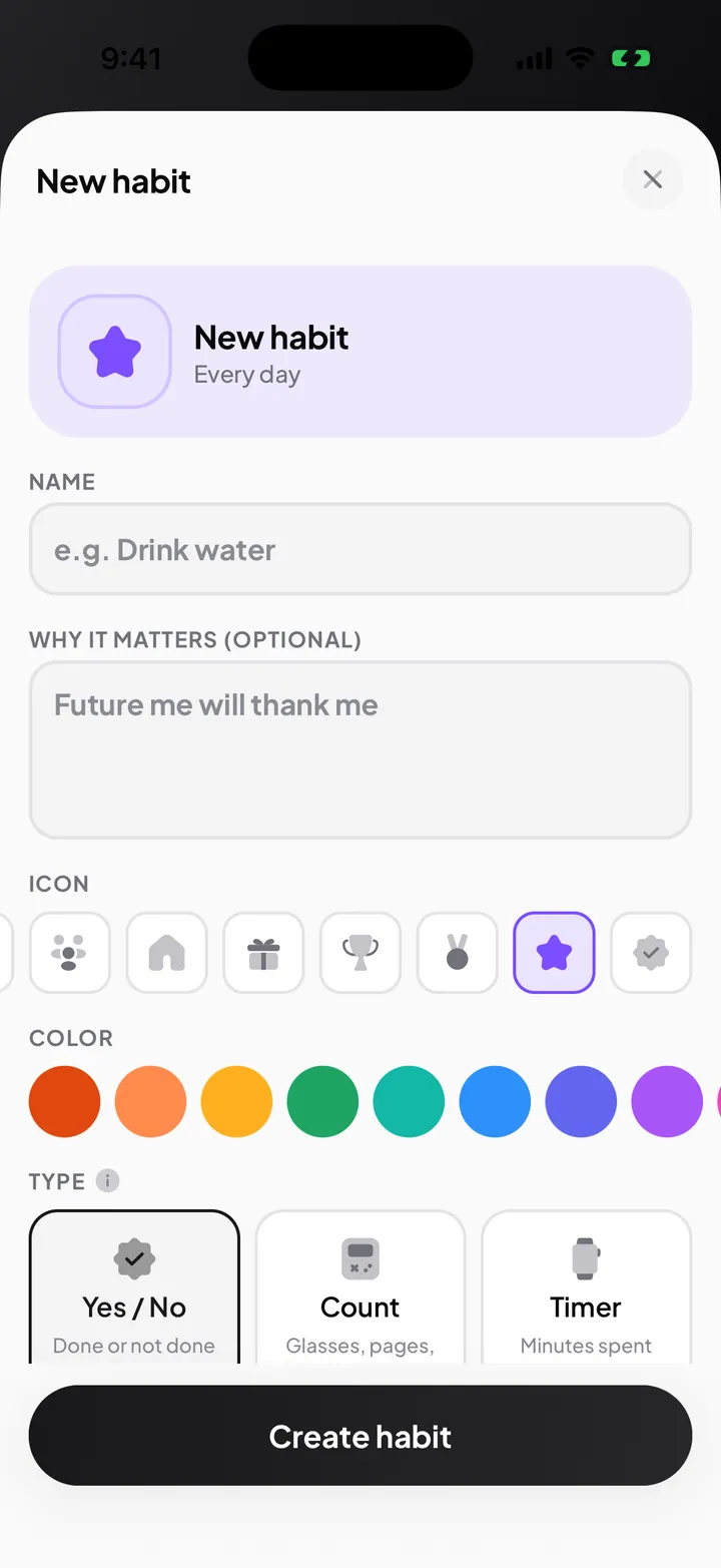 Add habit screen with habit type, schedule, difficulty and reminder time and days options