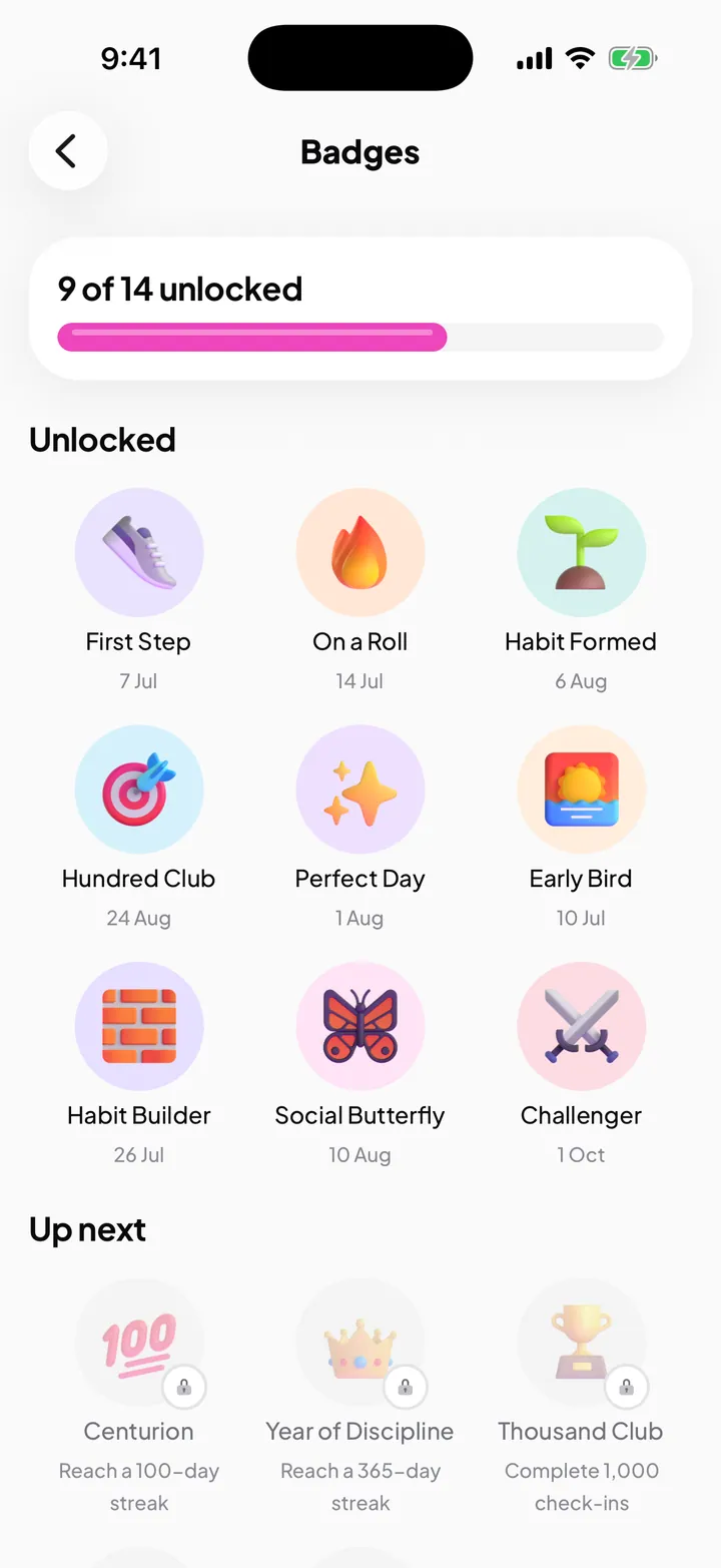 Profile screen showing the current level, XP progress bar and a grid of unlocked and locked badges
