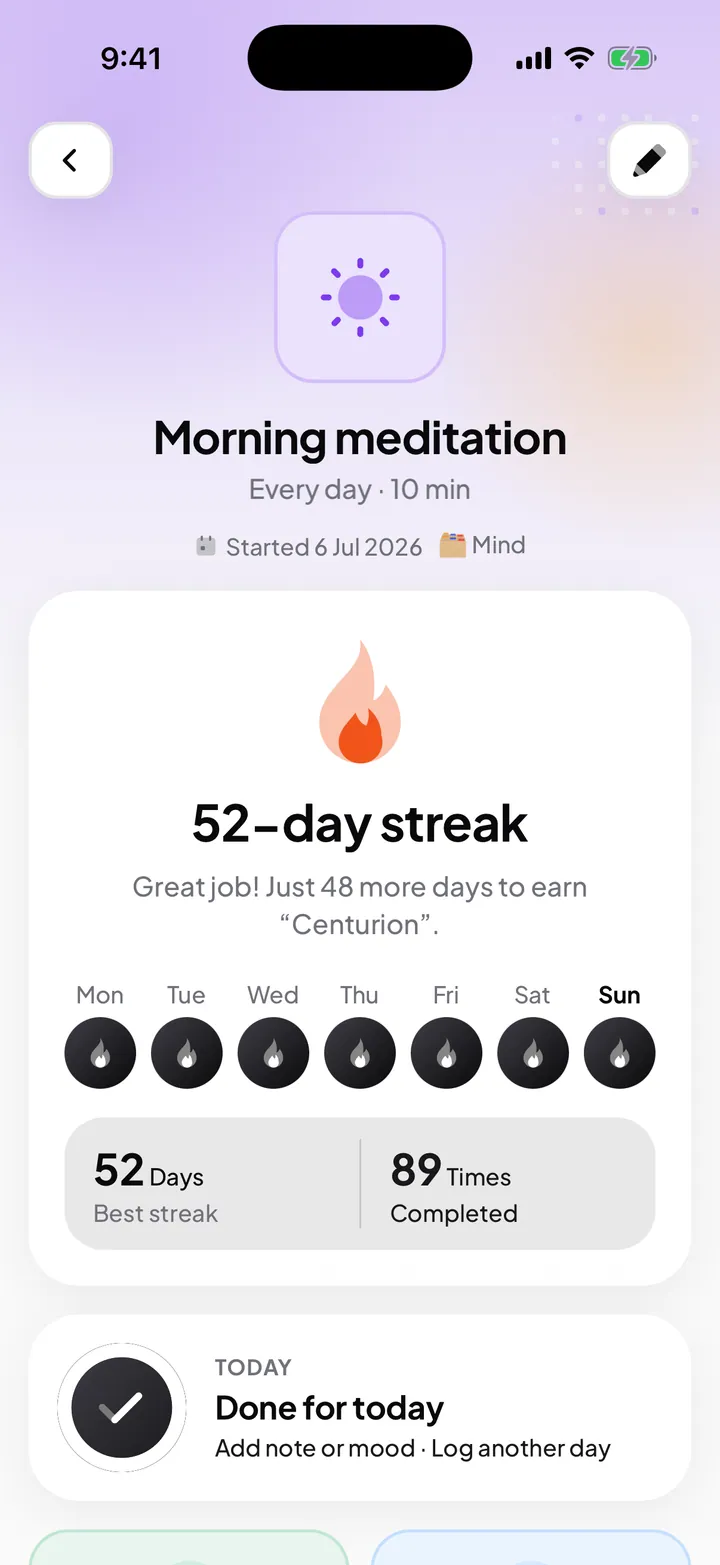Habit detail screen showing the current streak, best streak, total completions and a calendar of check-ins