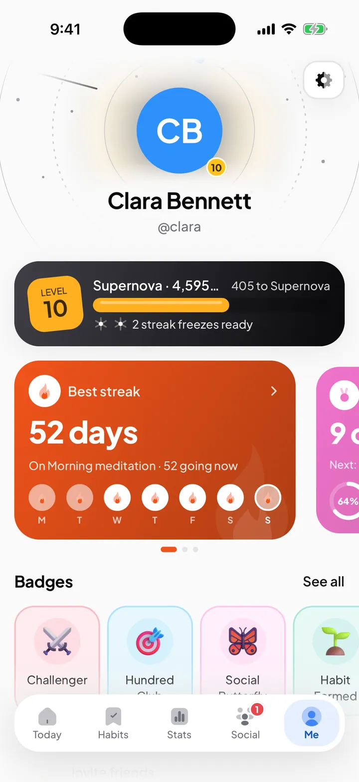 Levels screen with XP progress and badges