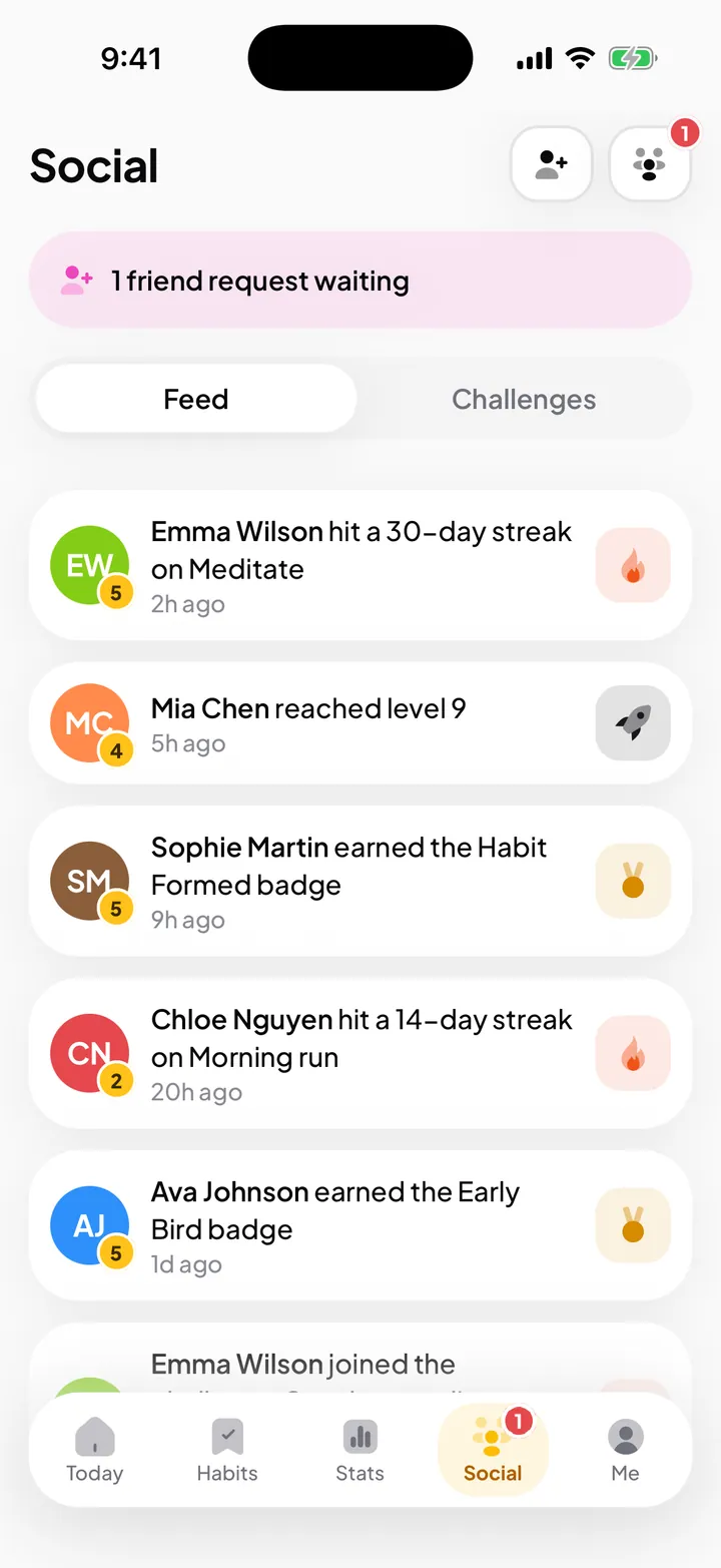 Social screen with a friends activity feed and an active challenge leaderboard ranked by completions