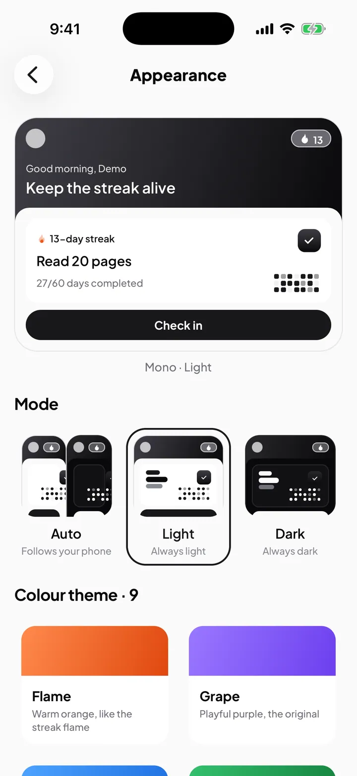 Appearance settings showing nine colour theme swatches and light, dark and system mode options