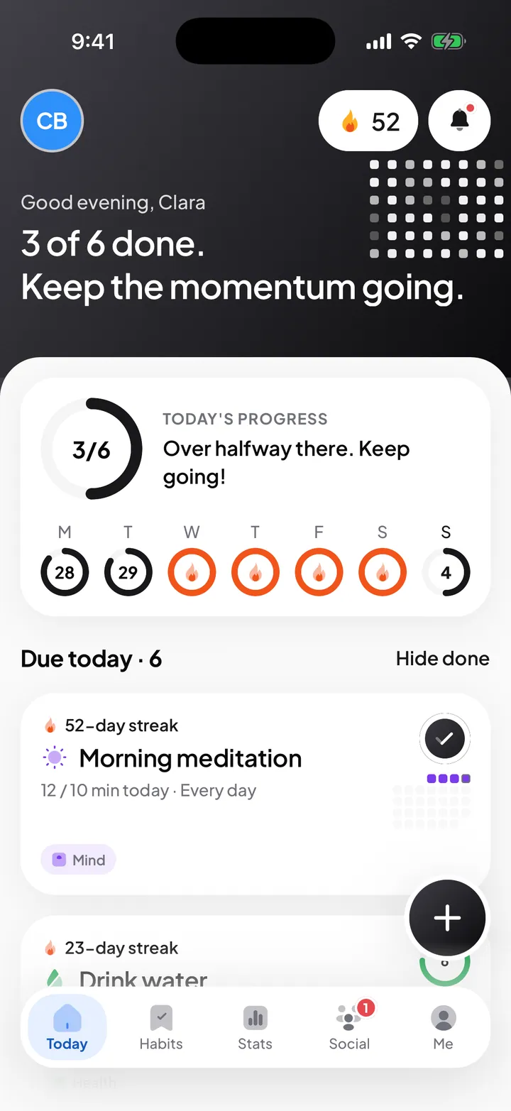 Today screen listing habits with progress